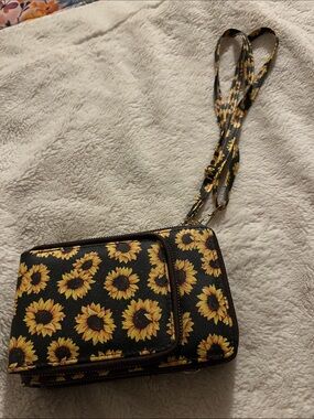 Sunflower Print Black Crossbody Wallet - Women’s Wristlet & Card Holder
